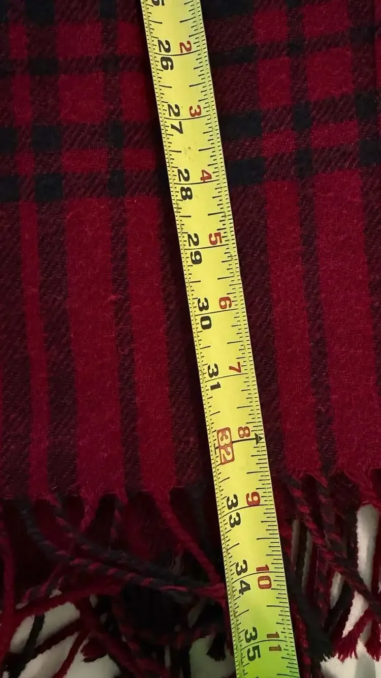 Vintage Red Black Plaid Wool Blend Midi Skirt with Fringe Size 14